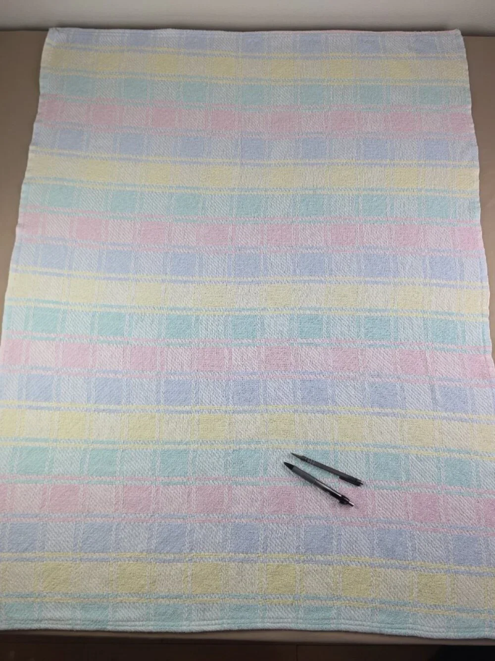 Vtg Beacon Baby Blanket Plaid Pastel Block Woven 100% Cotton Pink Blue Yellow